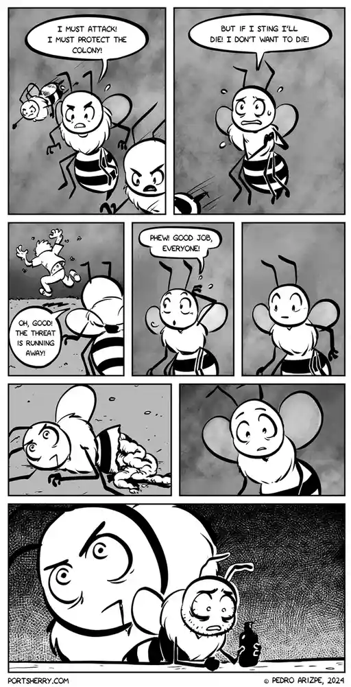 A black-and-white comic strip shows cartoon bees in a six-panel sequence. Initially, a bee declares it must attack to…