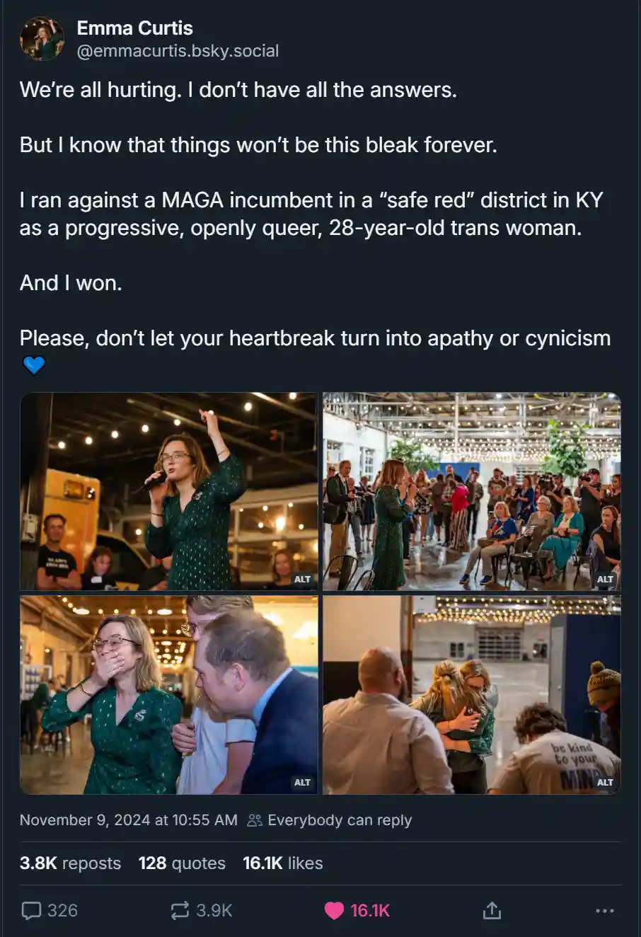 A social media post by Emma Curtis shows four photos of her at an event: speaking into a microphone, addressing a crowd…