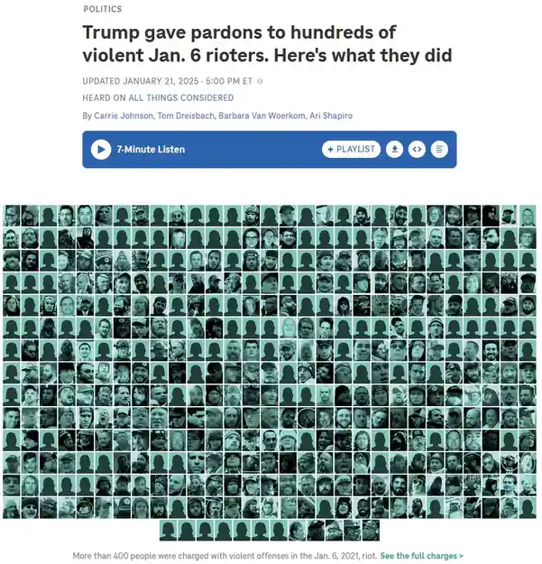 A screenshot of a news article titled 'Trump gave pardons to hundreds of violent Jan. 6 rioters. Here's what they did' shows…