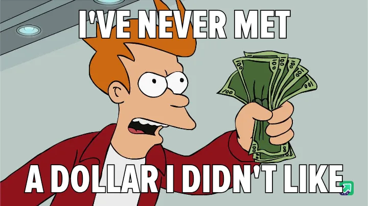 A cartoon man with orange hair and a red jacket holds a fan of US $100 bills, his mouth open in shock or excitement. The…