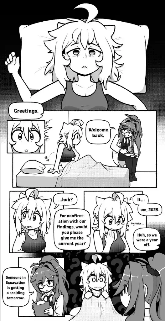 A black-and-white comic strip shows a character waking up in bed, confused by a time discrepancy. After being greeted by…