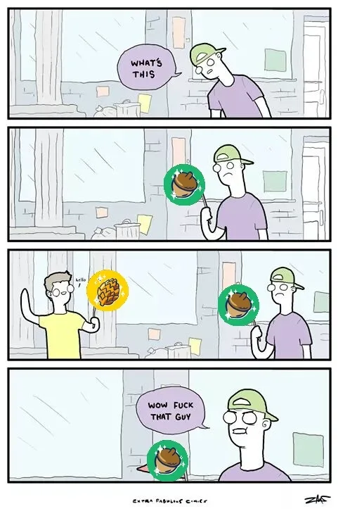 A four-panel comic strip shows a man in a green cap and glasses looking confused at a floating brown object. He then sees…