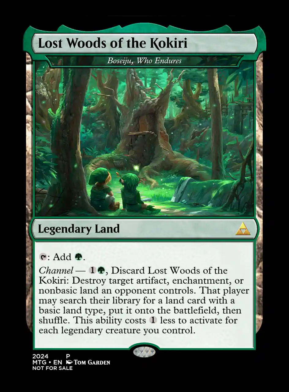 The image displays a Magic: The Gathering card titled 'Lost Woods of the Kokiri' with artwork of two characters from The…