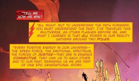 A comic panel featuring a character delivering a philosophical monologue about multiverse travel and cosmic energy, overlaid…