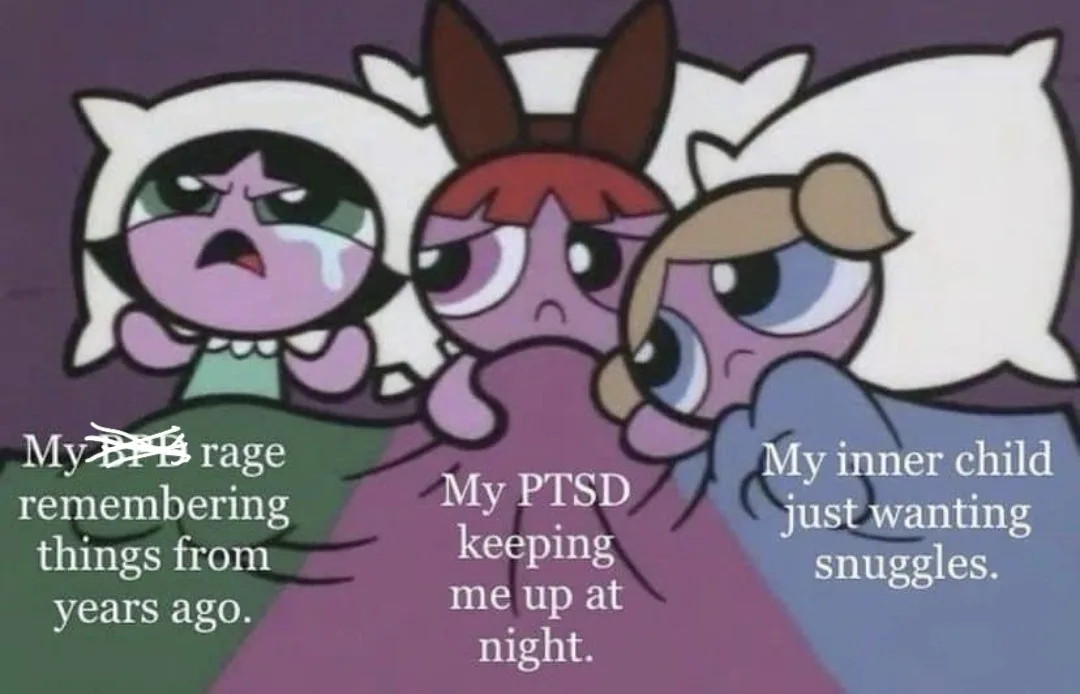 Three cartoon girls from The Powerpuff Girls, each with a different expression and text overlay. The girl on the left looks…