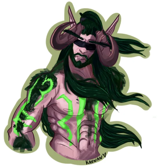 A muscular, long-haired, horned fantasy character with glowing green markings on his body and arms, wearing black sunglasses…