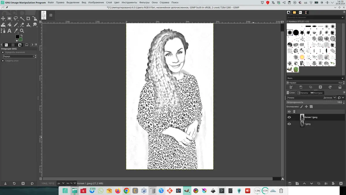 A screenshot of the GIMP image editing software shows a black-and-white sketch of a woman with long curly hair wearing a…