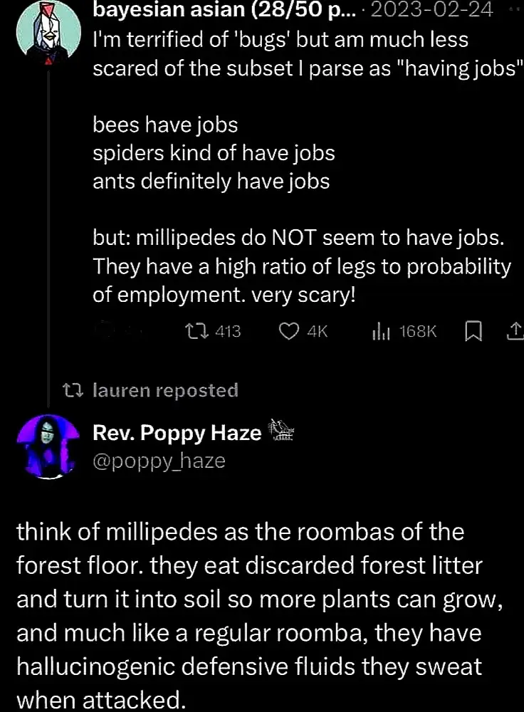 A screenshot of a Twitter thread where a user named 'bayesian asian' humorously claims to be less scared of 'bugs' that…