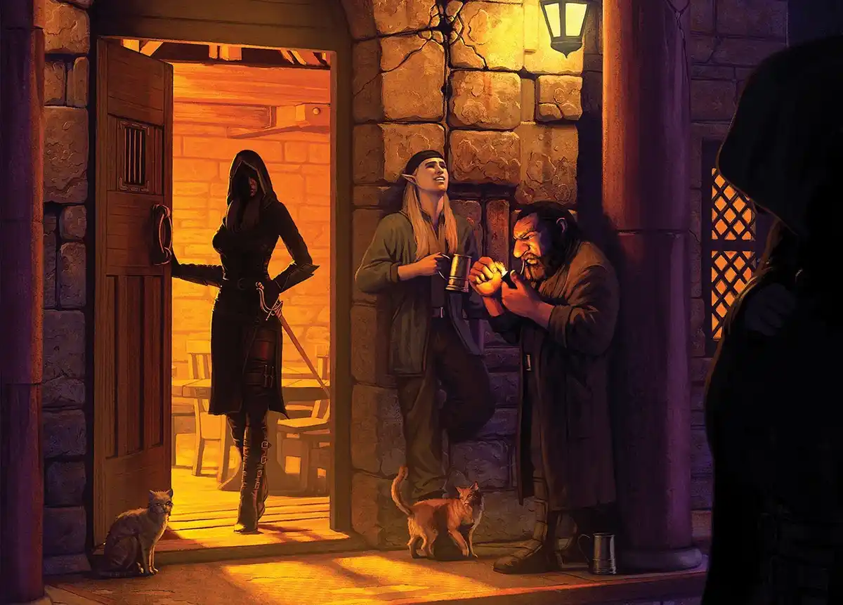 A fantasy tavern scene shows a hooded assassin standing in a doorway, while two patrons—a smiling elf and a bearded man—chat…