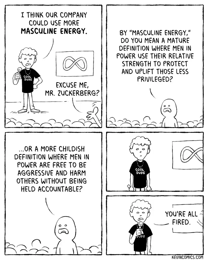 A four-panel comic strip shows a man in a 'COOL DUDE' t-shirt speaking into a microphone at a presentation, suggesting his…