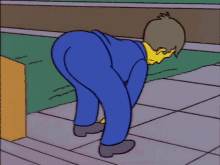 A six-panel sequence from The Simpsons shows a character in blue overalls bending over and wiping their eyes with a…