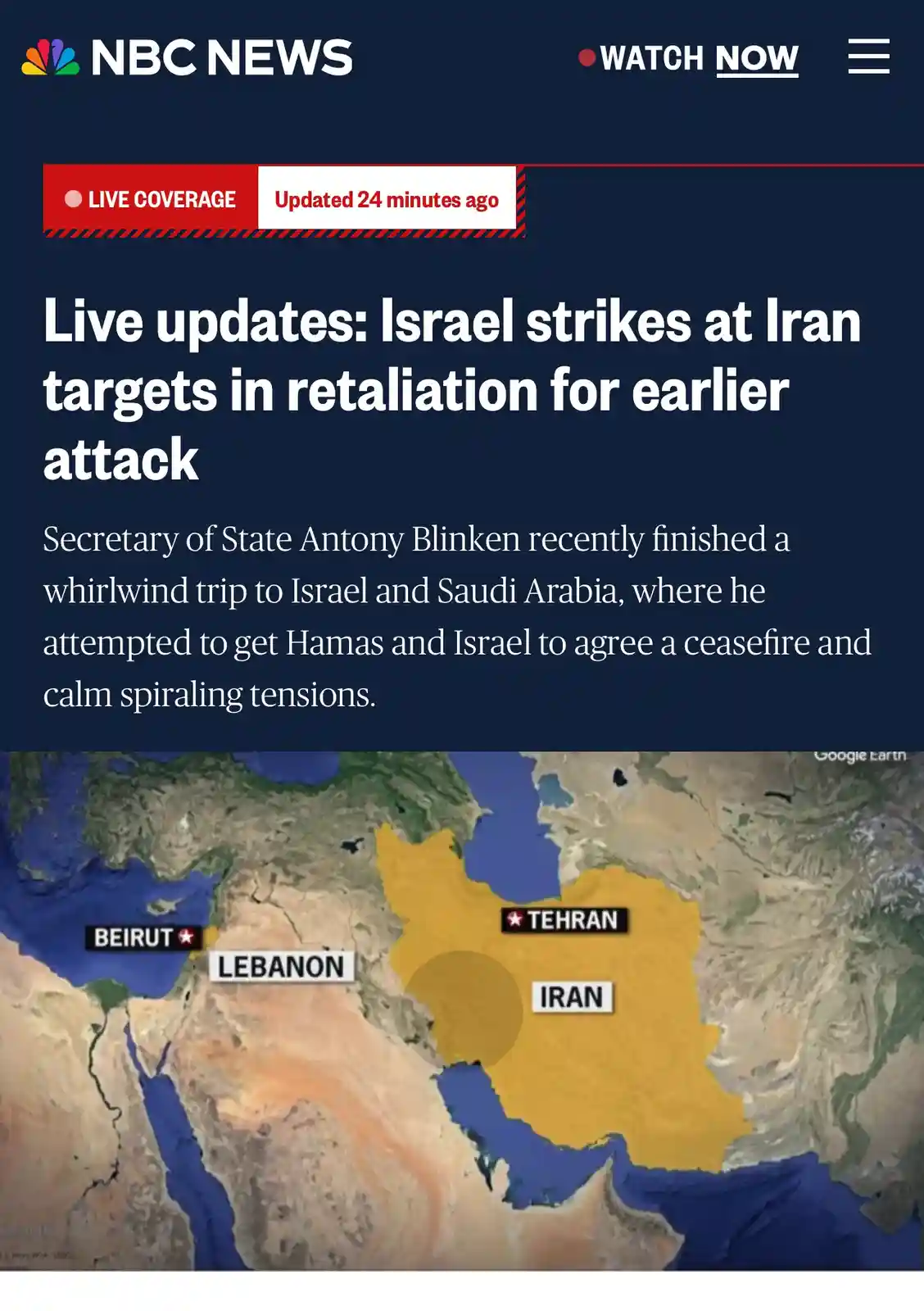 An NBC News screenshot shows a live coverage headline about Israel striking Iran in retaliation, with a map highlighting…