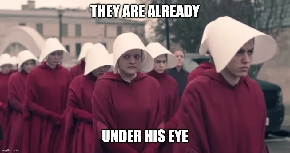 A group of women in red robes and white bonnets stand in a line outdoors, looking sternly forward. The text overlaid in bold…