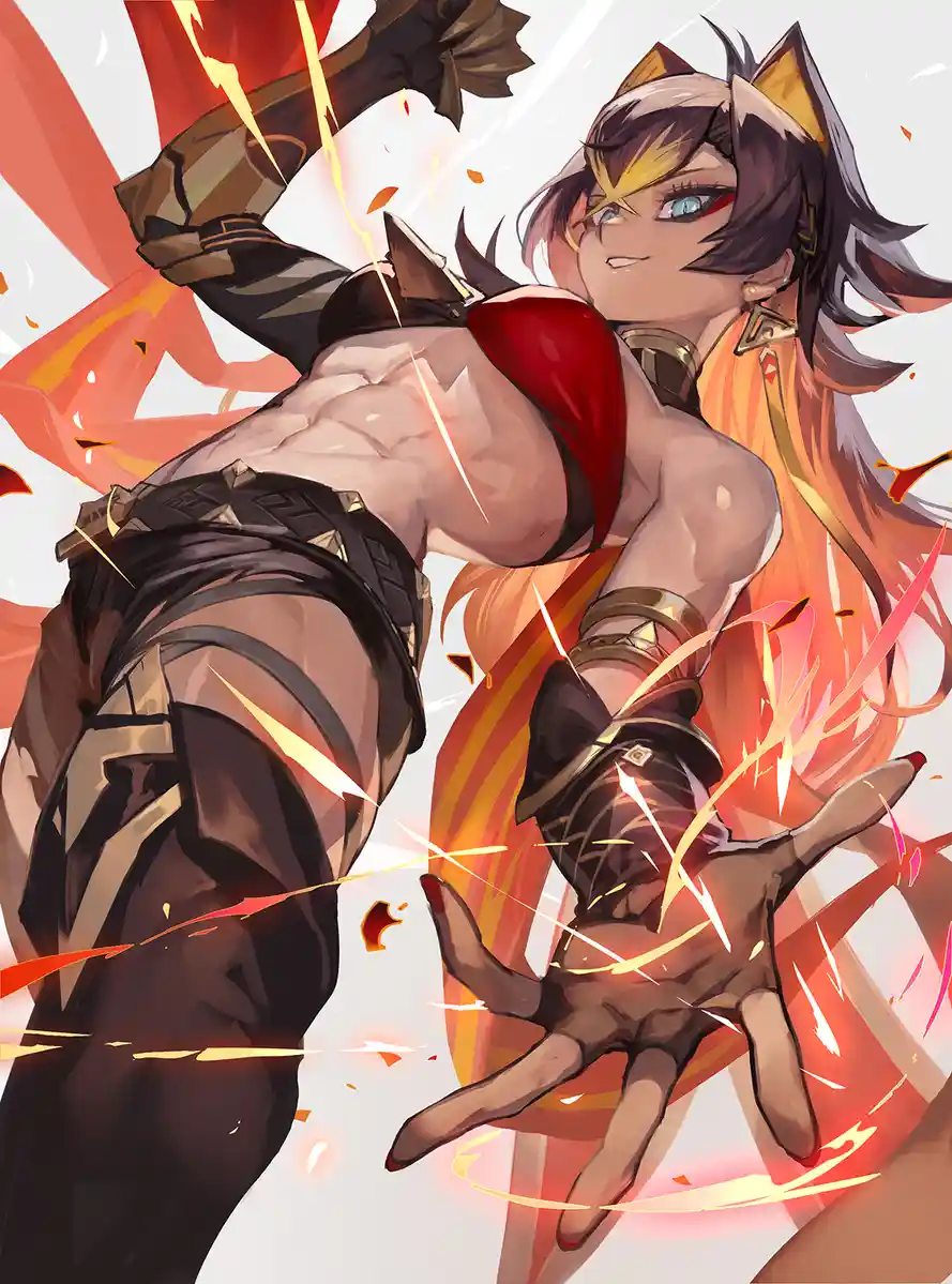 An anime-style illustration of a muscular, cat-eared woman with dark hair and blue eyes, wearing red and black armor…