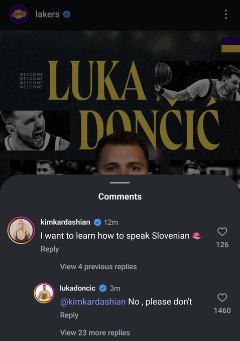 A screenshot of an Instagram post for the Lakers featuring Luka Dončić with the text 'WELCOME LUKA DONČIĆ'. Below, Kim…
