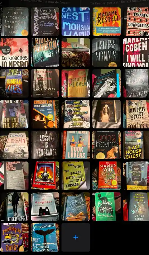 A grid of 25 book covers arranged like a photo album, showcasing various novels by authors such as Mohsin Hamid, George…