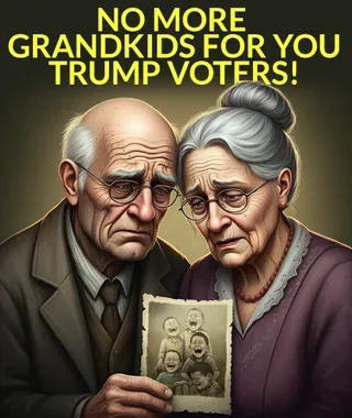 An elderly man and woman with sad, disappointed expressions hold a faded photo of four children. The text overlaid in bold…