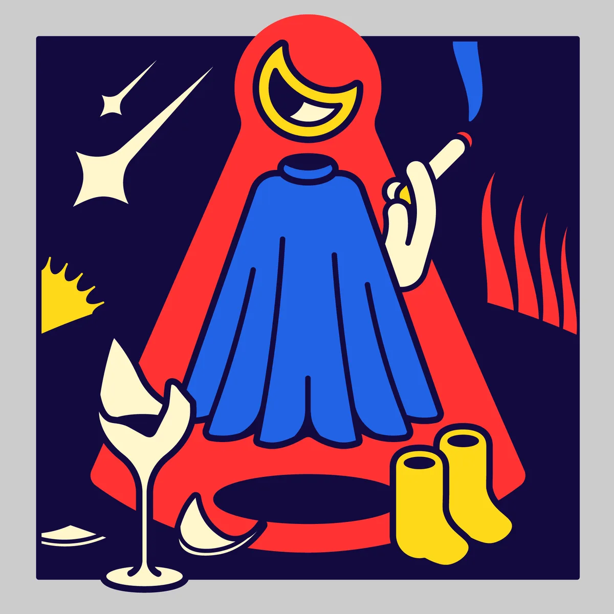 A stylized illustration shows a figure with a red hood and blue robe, holding a cigarette, seated with yellow boots, a wine…