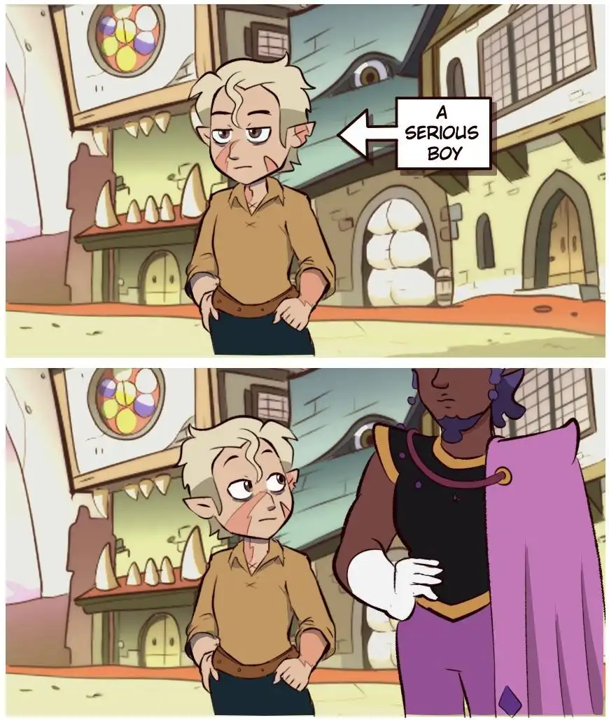 The top panel shows a young elf-like boy with blonde hair and a bruised cheek, standing alone in a fantasy town with a…
