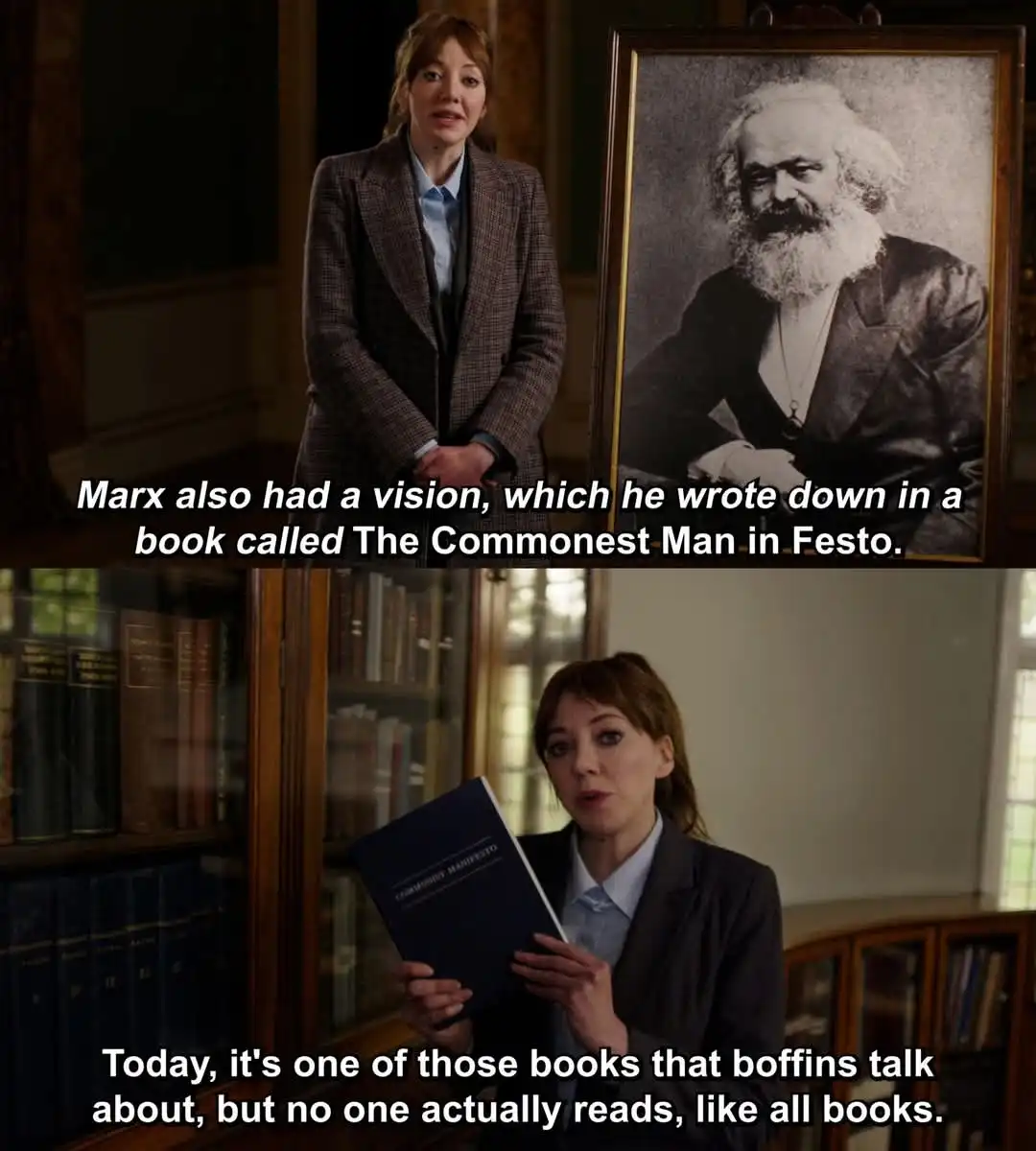 The image is a two-panel meme featuring actress Jenna Coleman as a character in a library setting. In the top panel, she…