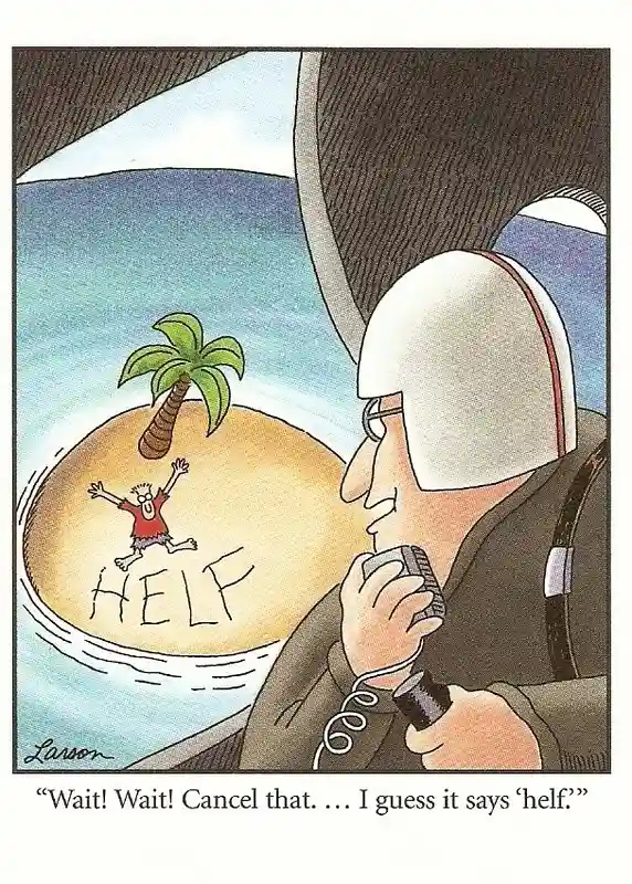 A cartoon shows a man in a pilot's helmet and uniform holding a radio microphone, looking out a window at a tiny desert…