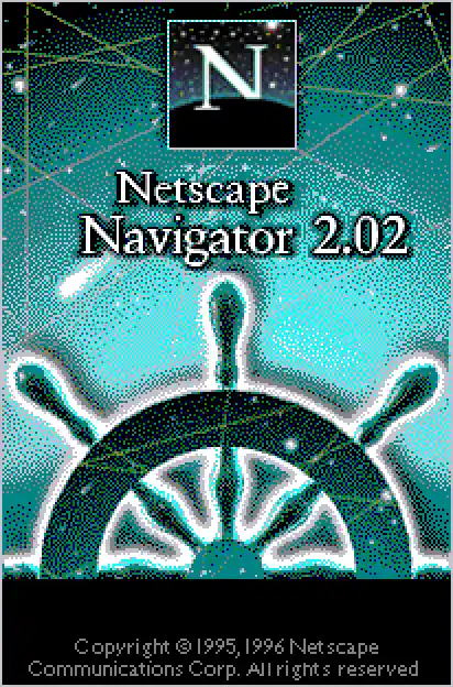 The image displays six identical vertical panels of the Netscape Navigator 2.02 software splash screen, each featuring a…