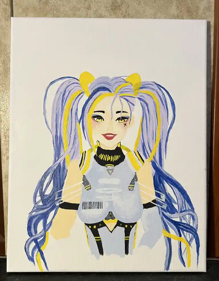 A hand-painted canvas depicts an anime-style female character with long blue and yellow pigtails, yellow eyes, and a black…