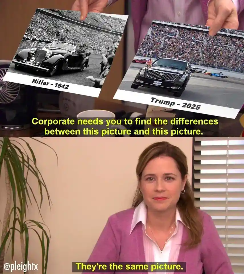 Two photos are held up side-by-side: one shows Adolf Hitler in a convertible in 1942, the other shows Donald Trump in a…