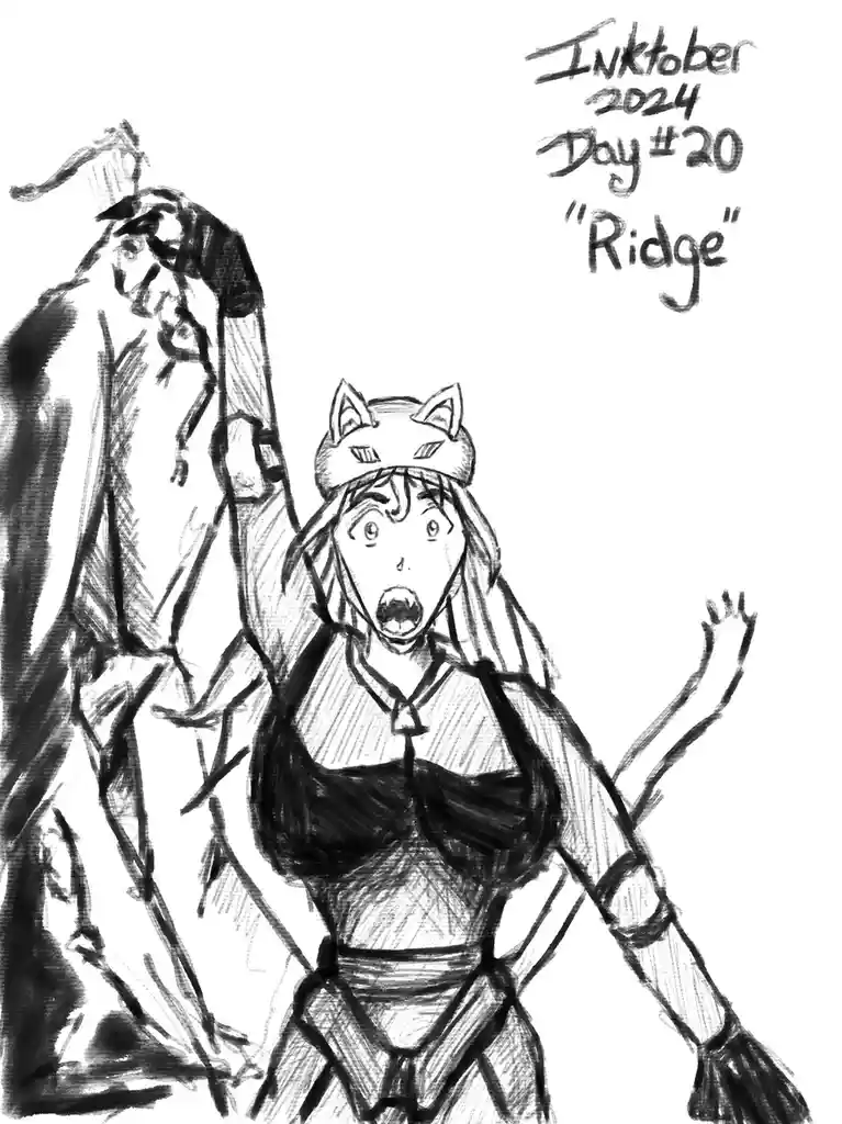 A black-and-white sketch shows a startled anime-style girl with cat ears and a surprised expression, being held up by a…