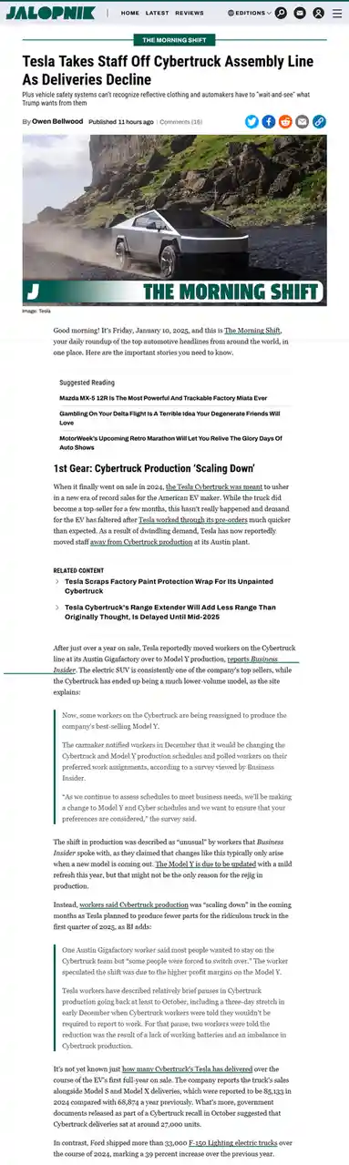 A screenshot of a Jalopnik news article titled 'Tesla Takes Staff Off Cybertruck Assembly Line As Deliveries Decline'…