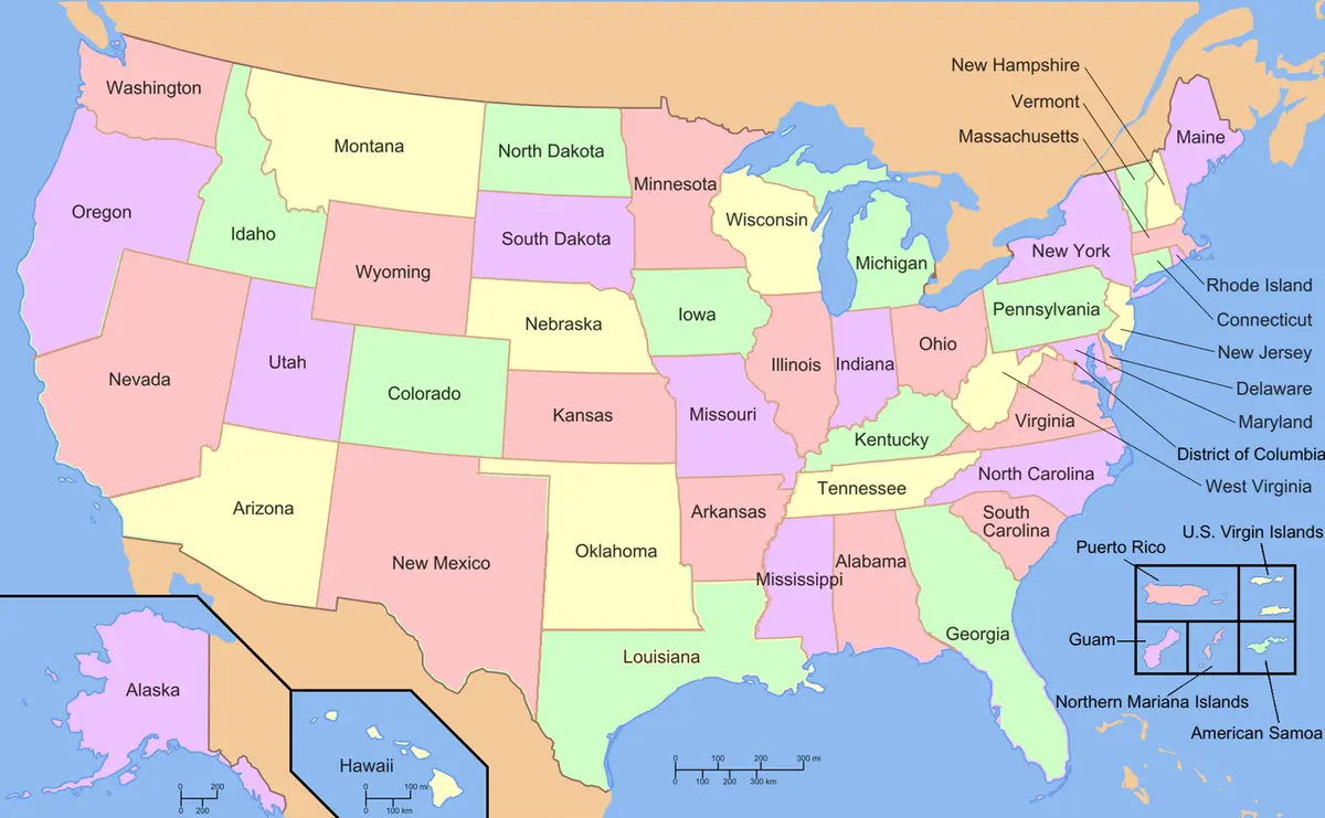 a colorful political map of the united states showing all 50 states with their names labeled, including Alaska and Hawaii in…