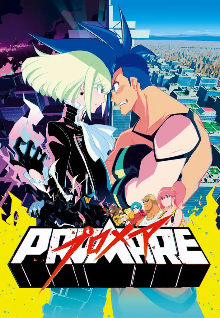 An anime poster for 'Proxare' featuring two main characters facing each other in a dramatic pose over a cityscape, with a…