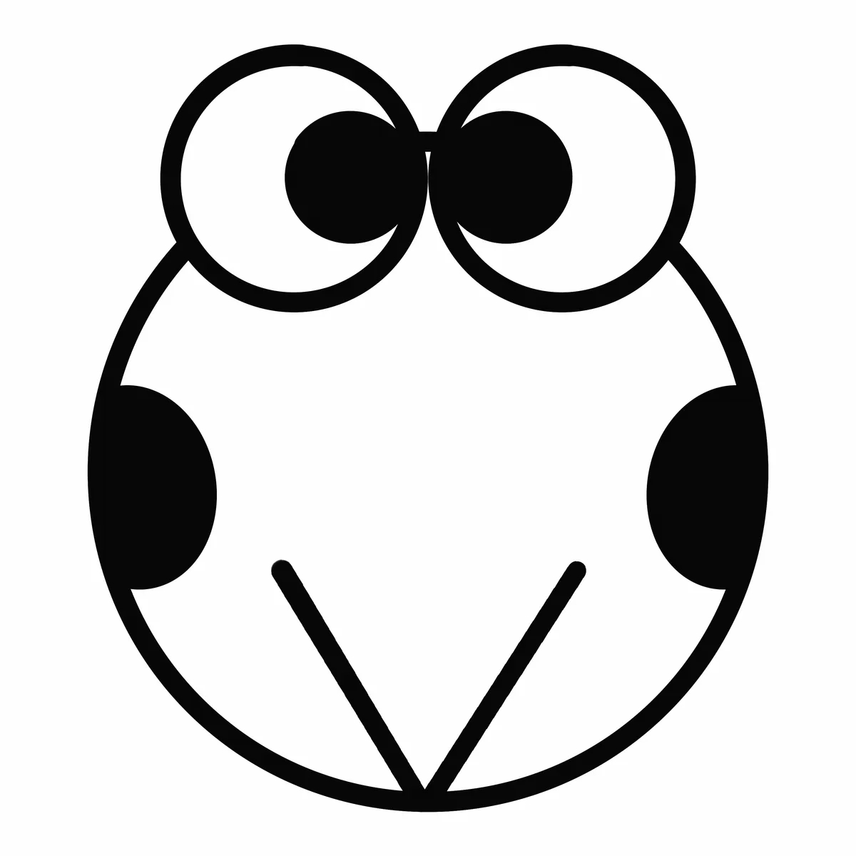 six black-and-white cartoon frog faces arranged in two rows of three. The top row frogs have wide, slightly downturned eyes…