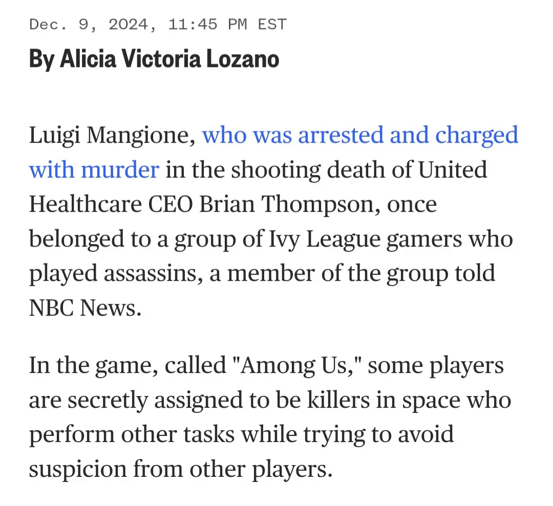 A screenshot of a news article from Dec. 9, 2024, by Alicia Victoria Lozano, detailing how Luigi Mangione, arrested for…