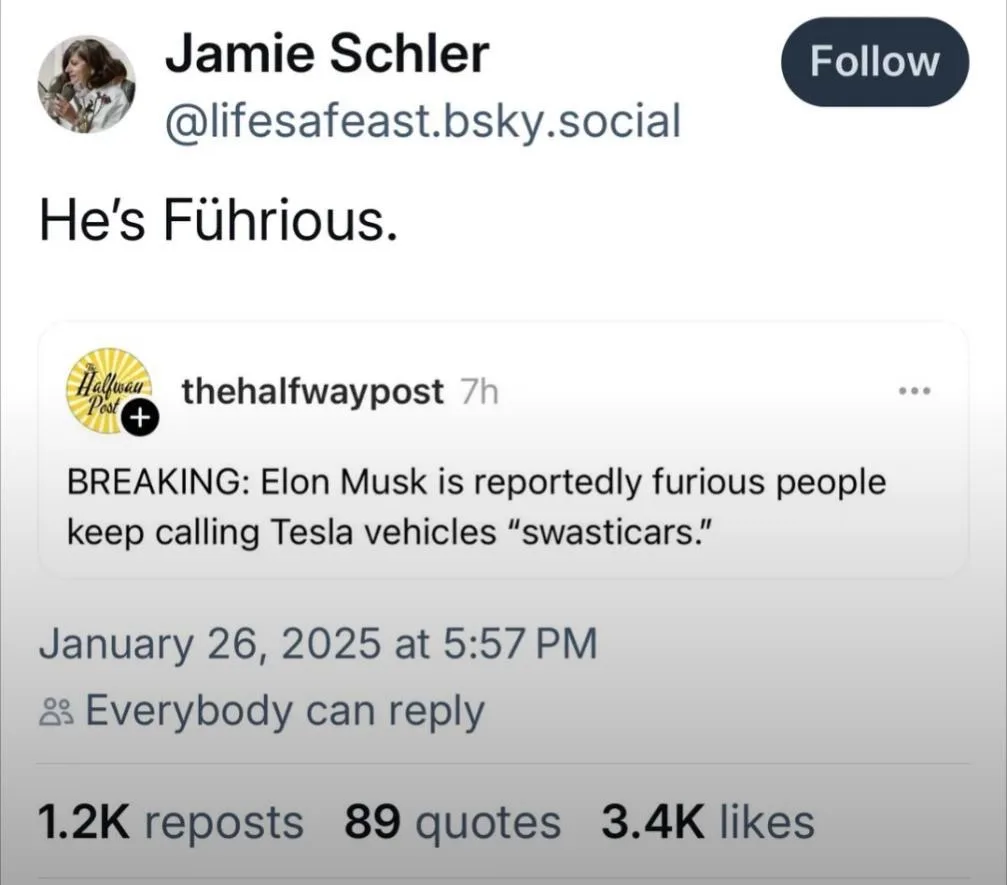 A screenshot of a social media post by Jamie Schler, reposting a tweet from 'thehalfwaypost' that reads 'BREAKING: Elon Musk…