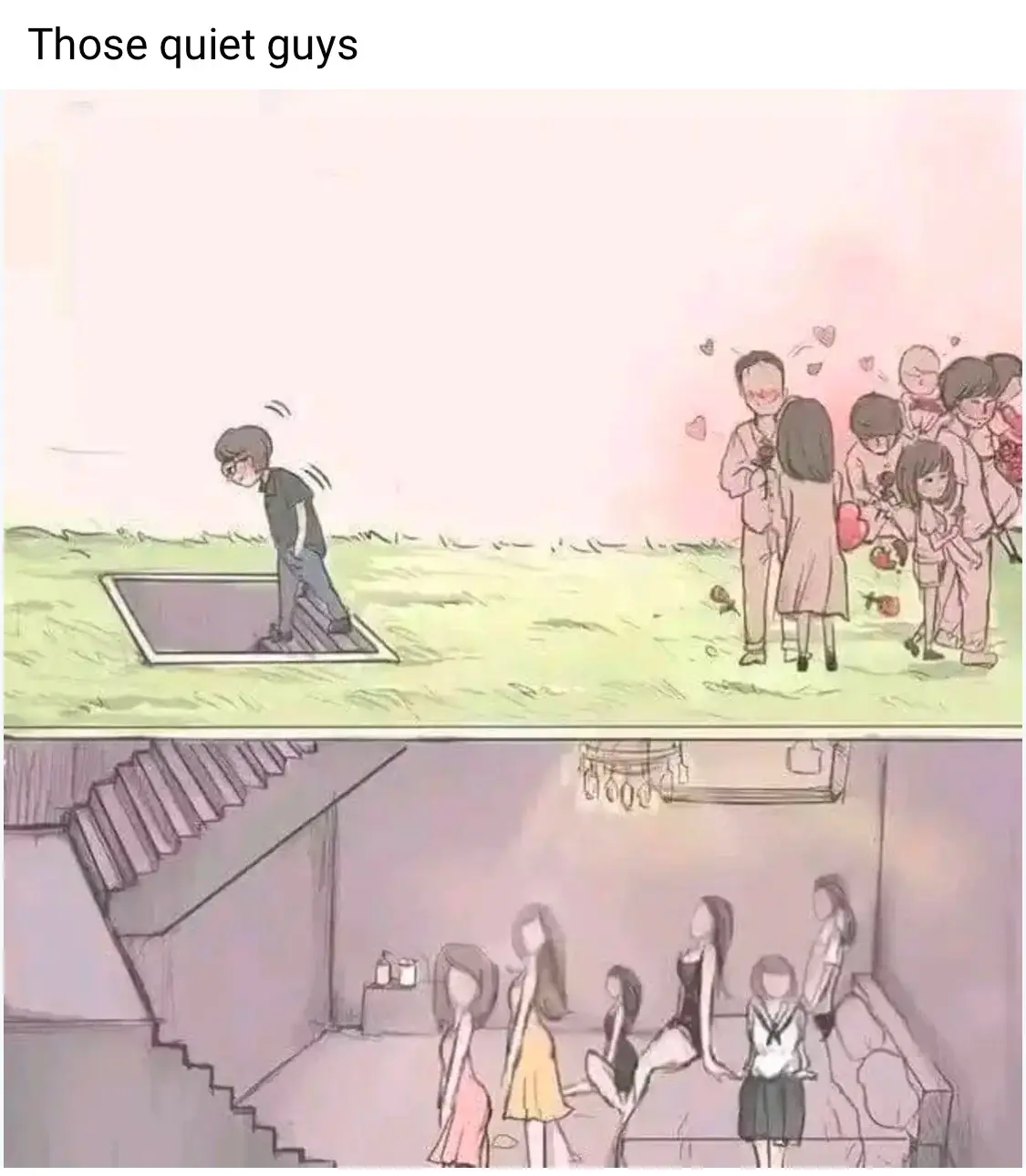 The top panel shows a lone boy walking away from a group of girls who are admiring a boy holding a rose, with hearts…