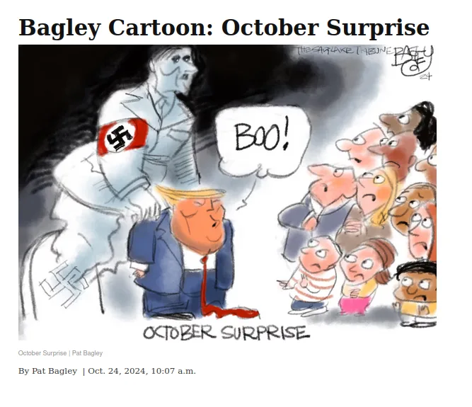 A political cartoon by Pat Bagley shows a ghostly figure resembling Adolf Hitler, wearing a white coat with a swastika…