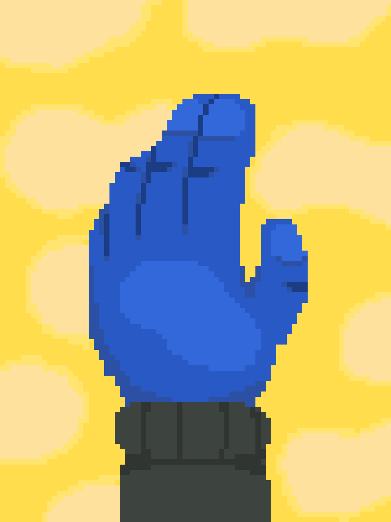 A pixelated blue hand with a dark grey wristband is shown against a bright yellow, starburst-like background. The hand is…