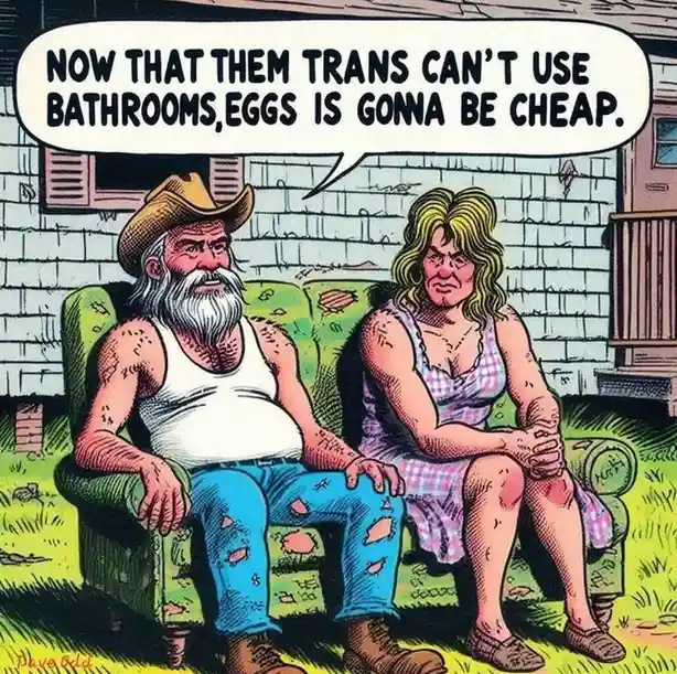 A comic panel shows two weathered, muscular individuals sitting on a worn green couch outdoors. The man on the left wears a…