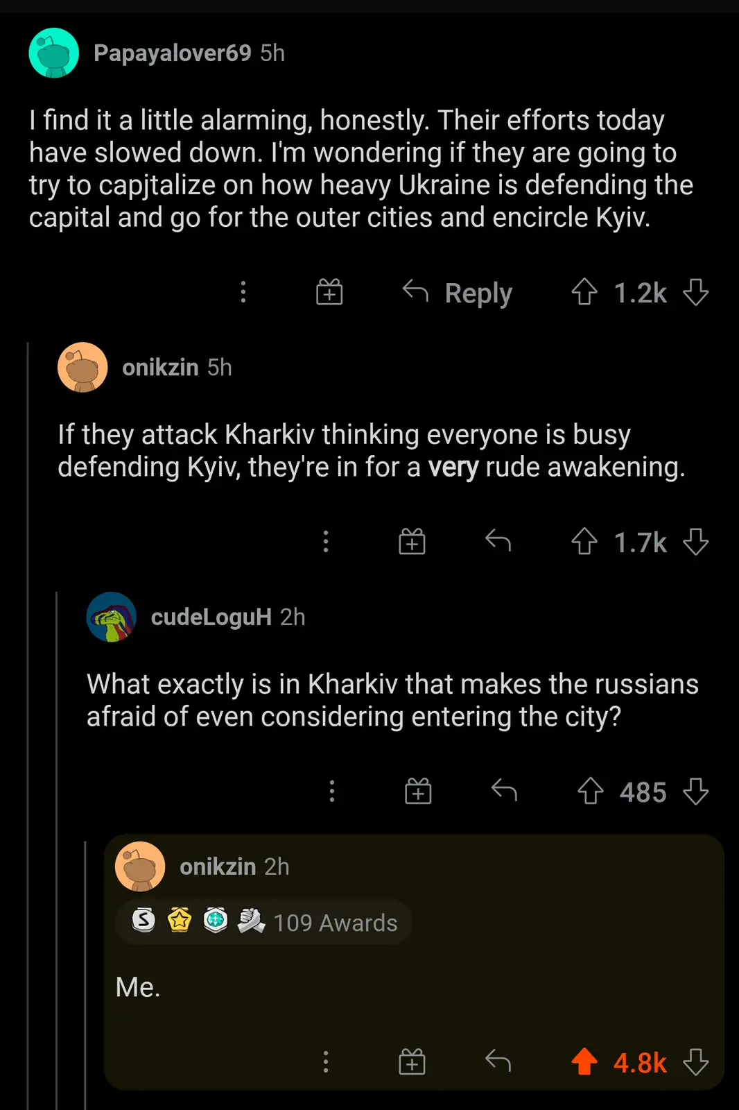A Reddit comment thread shows a user speculating about Russian military strategy in Ukraine, suggesting they might attack…