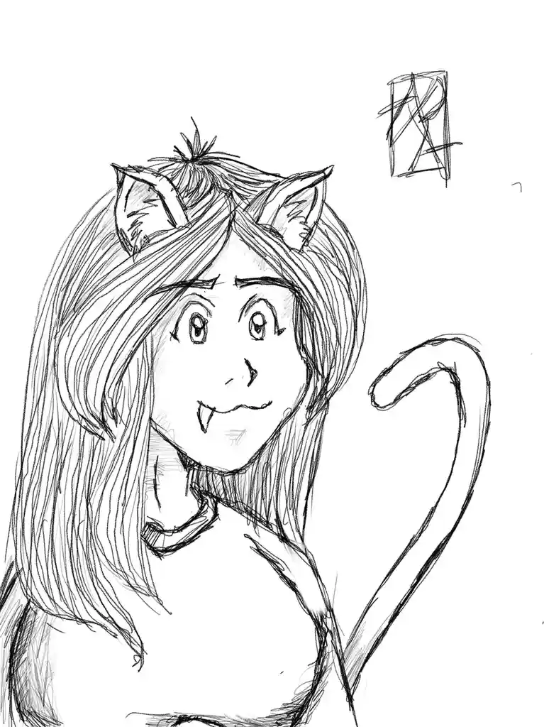 A black-and-white sketch shows a young woman with long hair, cat ears, fangs, and a cat tail, smiling. In the upper right…