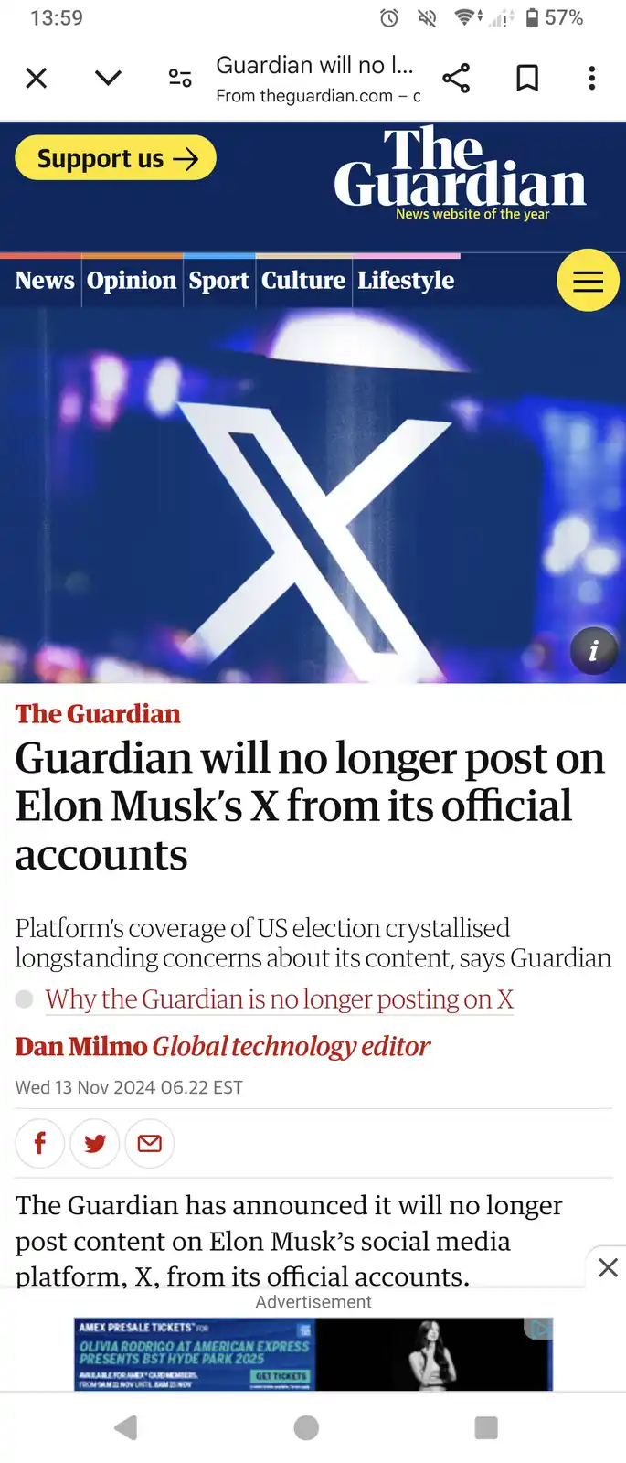 A screenshot of a mobile web browser displaying a The Guardian news article with the headline 'Guardian will no longer post…