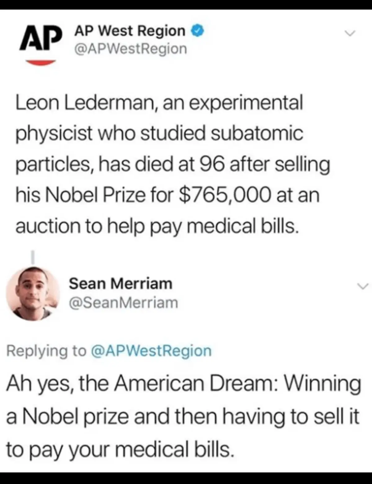 A screenshot of a Twitter thread shows an AP West Region tweet announcing the death of Leon Lederman, an experimental…