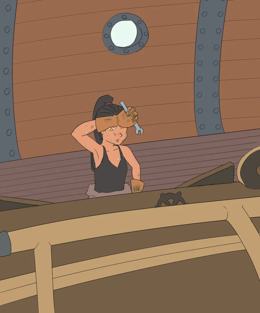 An illustrated woman with dark hair in a ponytail, wearing a black tank top and sweatpants, is inside a wooden ship cabin…