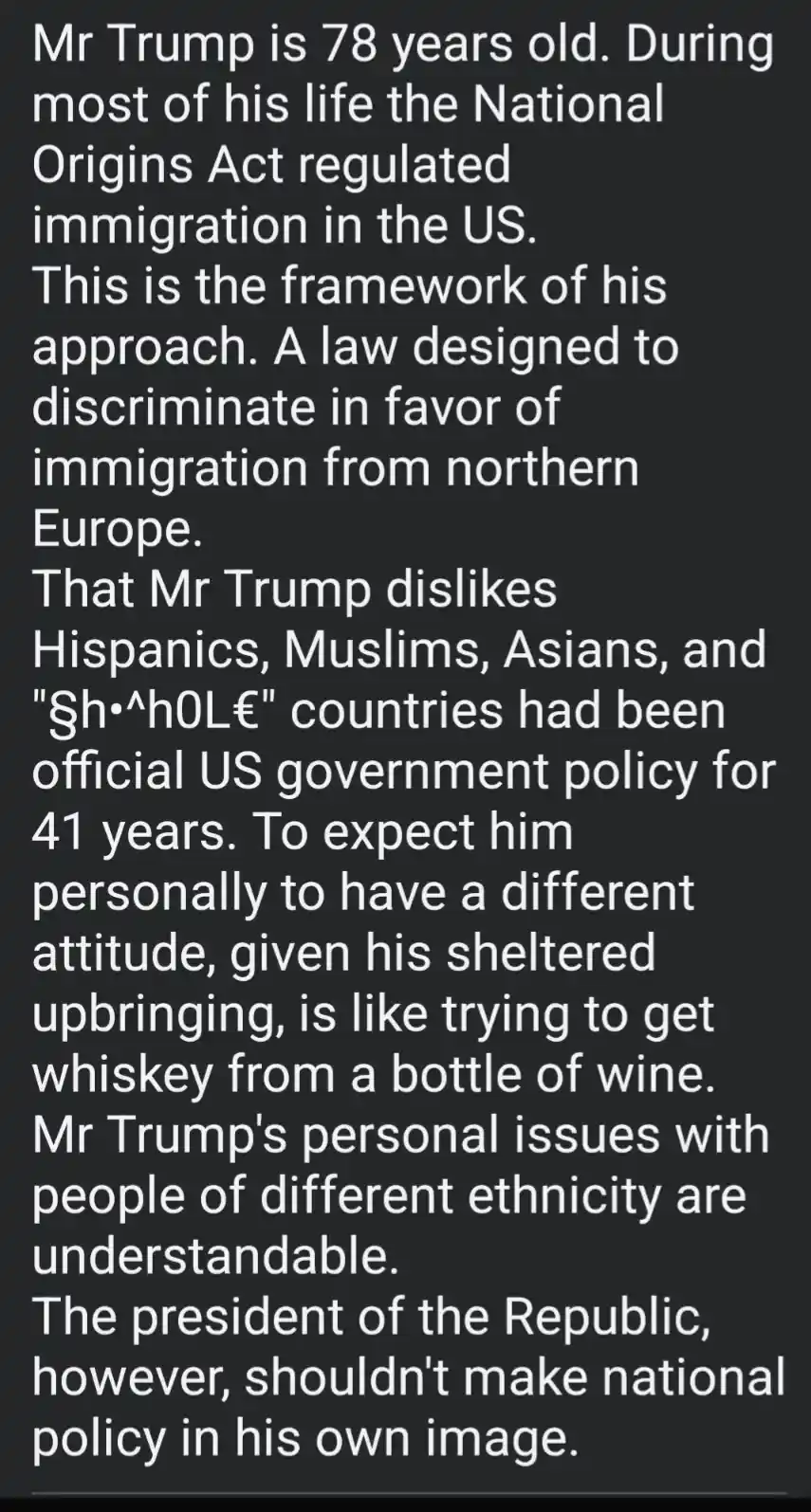 The image displays a block of white text on a dark background, detailing a historical and political argument about Donald…