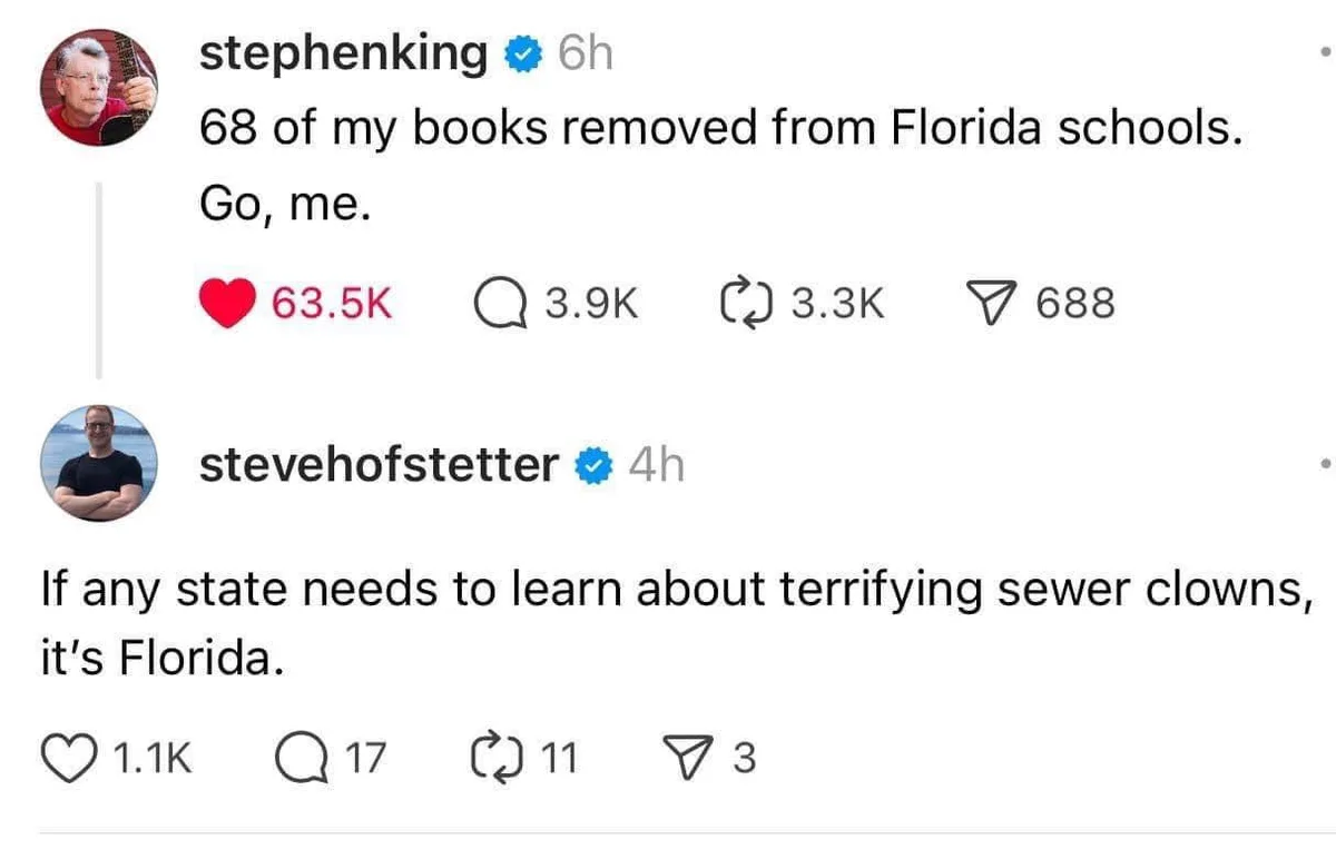 A screenshot of two Twitter replies shows Stephen King stating 68 of his books were removed from Florida schools and…