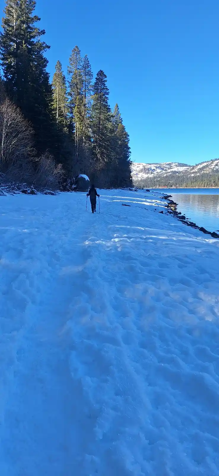 A person walks away from the camera on a snowy path beside a calm lake, using trekking poles, with tall evergreen trees and…
