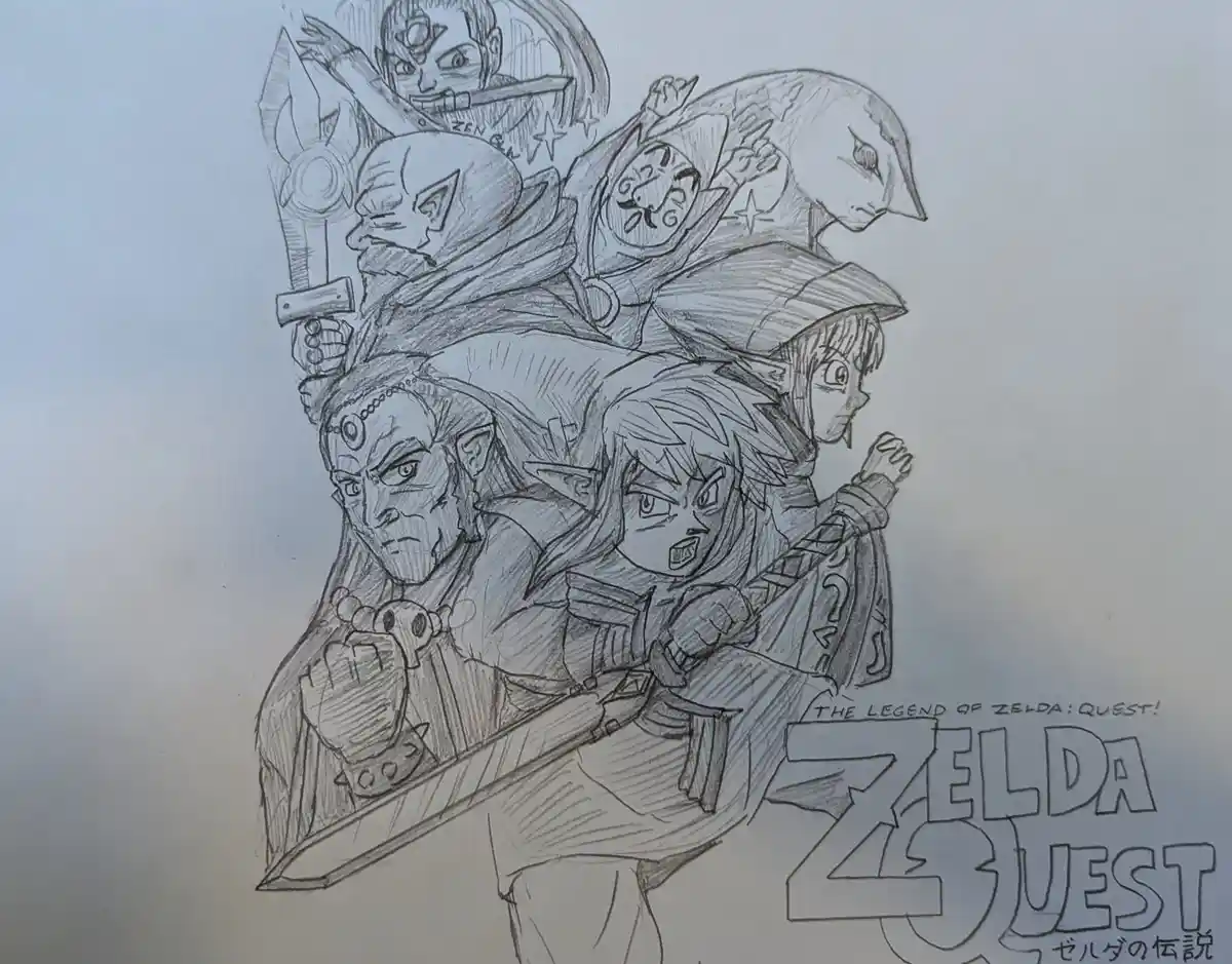 A pencil sketch of multiple Zelda characters stacked vertically, including Link, Ganondorf, Zelda, and others, with the…