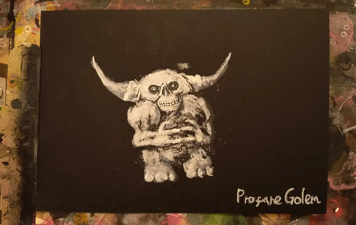 A black-and-white painting depicts a small, hunched creature with a skull for a head, large horns, and clawed hands, sitting…