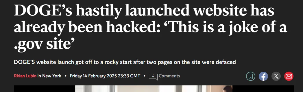 A screenshot of a news article headline in white text on a black background, reporting that DOGE's newly launched website…